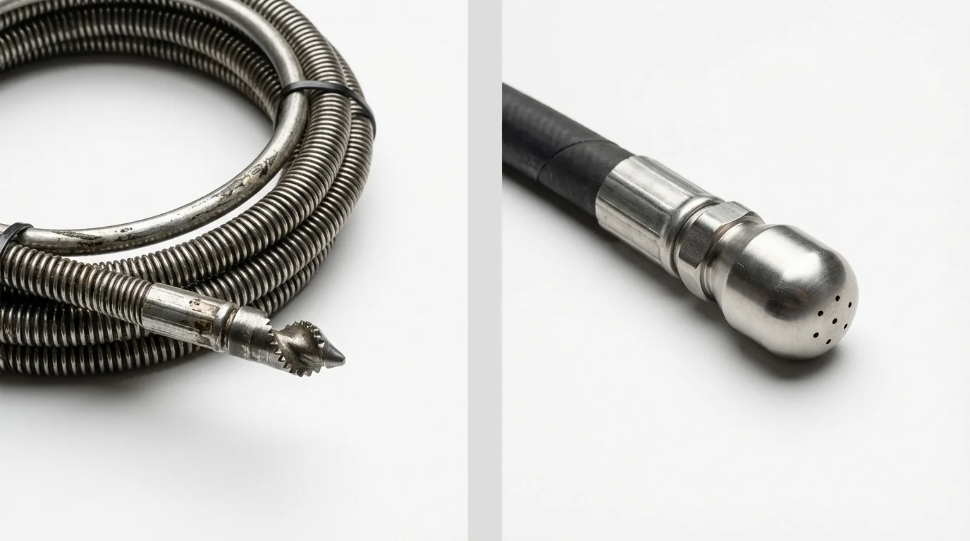 Drain snake cable and hydro jetting nozzle used for drain cleaning in Pixley, CA