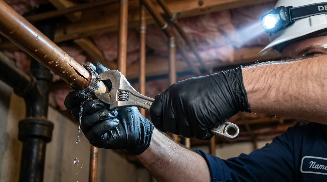 Emergency pipe clamp repair being performed by a Johns Plumbing LLC plumber in Pixley